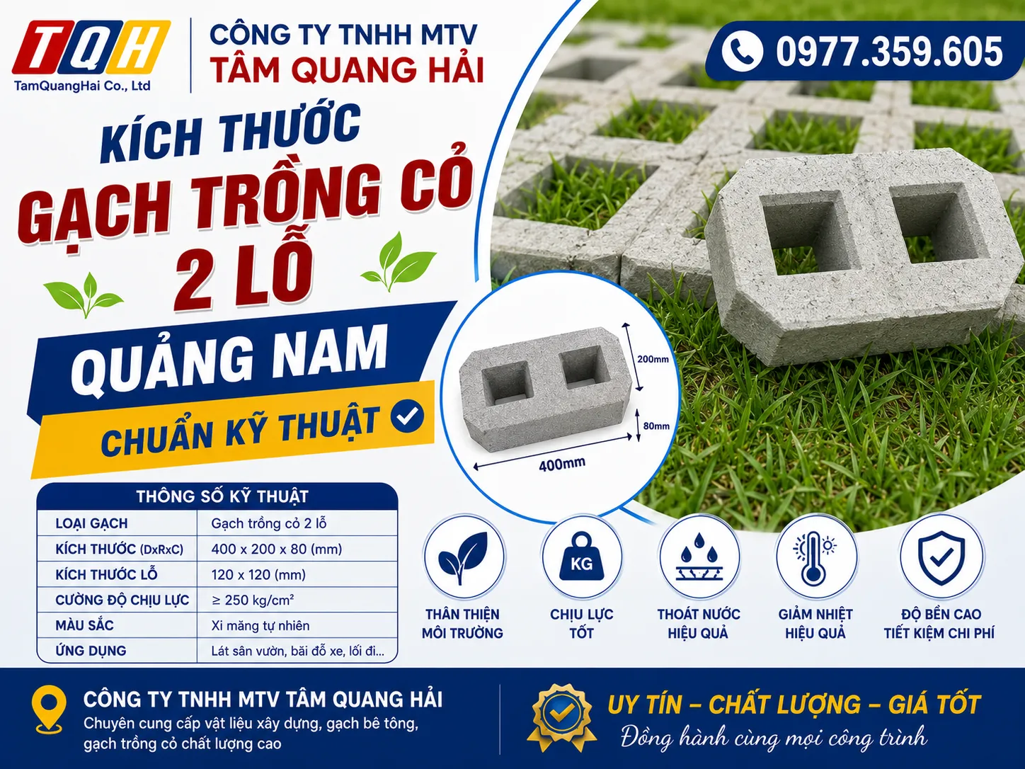 Kích thước gạch trồng cỏ 2 lỗ Quảng Nam chuẩn kỹ thuật